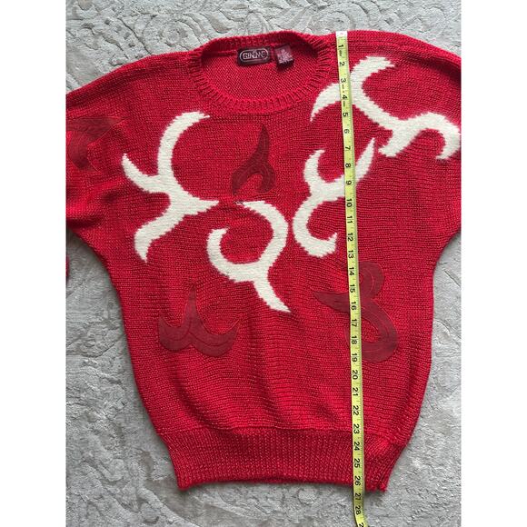 Vintage 90s Women Flame Sweater Red White Abstract Knit Pullover Sz S Bold - Picture 9 of 10
